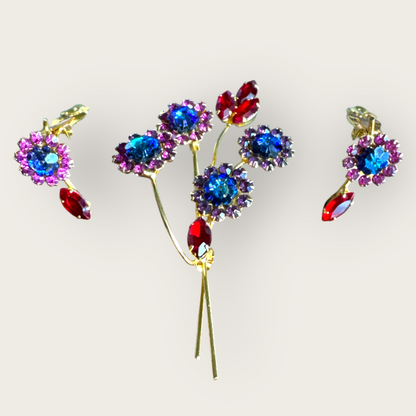 Vintage 1950s–1960s Rhinestone Floral Stem Brooch and Clip-On Earrings Set – Blue, Purple, Red Crystal Bouquet