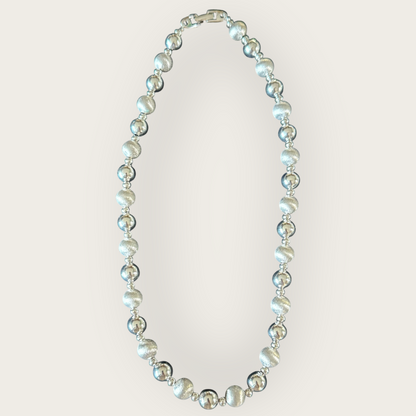 Vintage Napier “Patent Pending” Silver Bead Necklace – 1950s–1960s Brushed and Shiny Beads, 16-Inch Choker