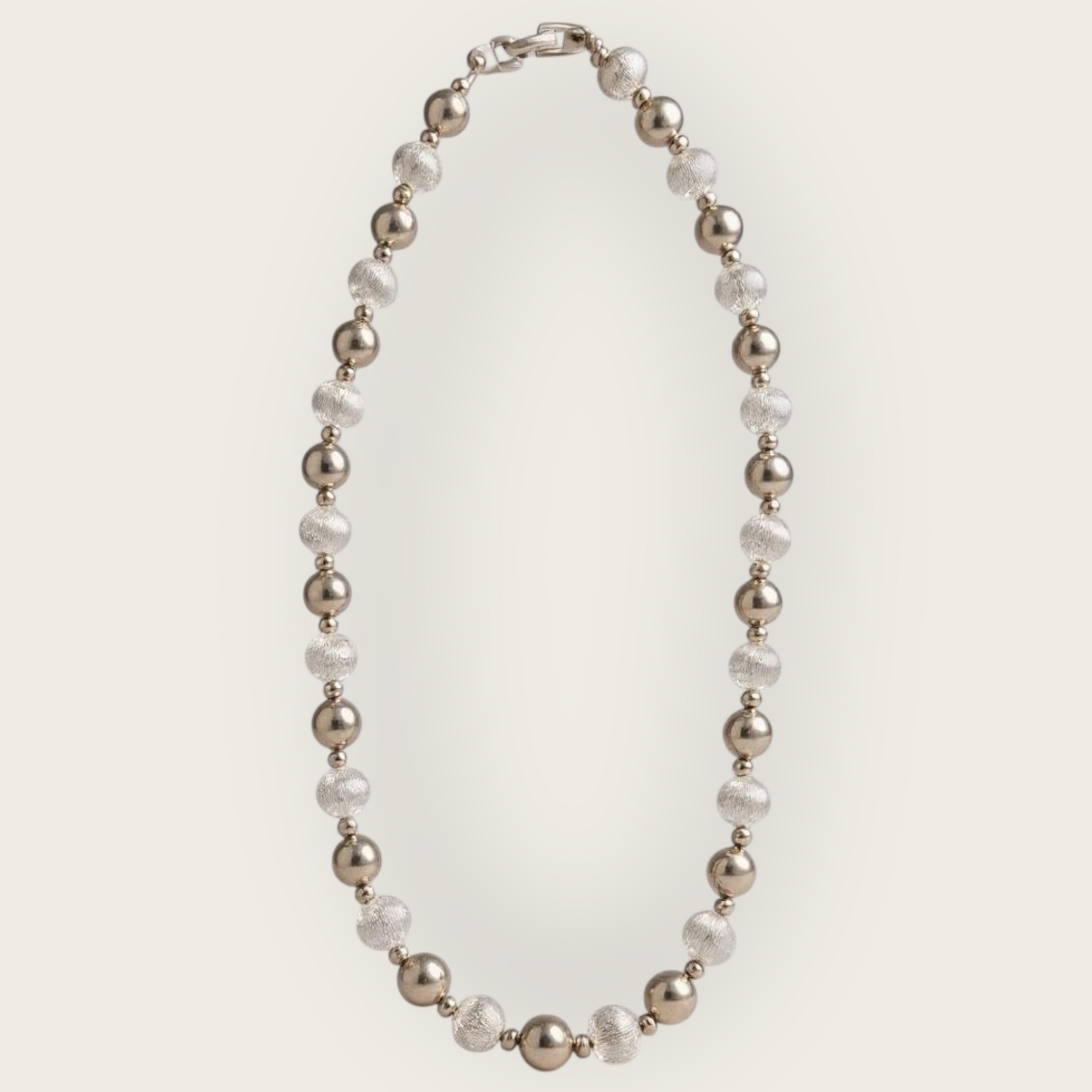 Vintage Napier “Patent Pending” Silver Bead Necklace – 1950s–1960s Brushed and Shiny Beads, 16-Inch Choker