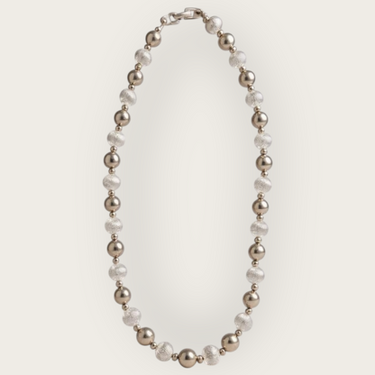 Vintage Napier “Patent Pending” Silver Bead Necklace – 1950s–1960s Brushed and Shiny Beads, 16-Inch Choker