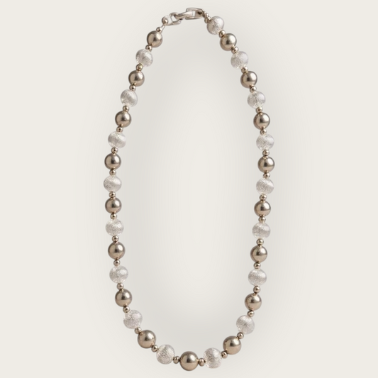 Vintage Napier “Patent Pending” Silver Bead Necklace – 1950s–1960s Brushed and Shiny Beads, 16-Inch Choker