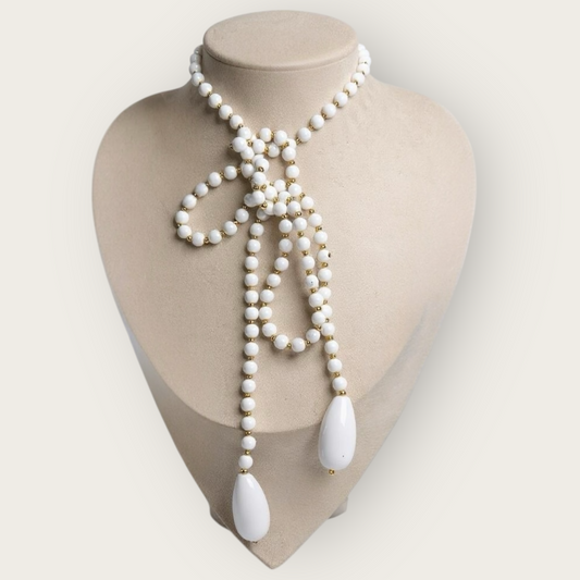 Vintage 1960s White Lucite Beaded Rope Necklace with Gold Spacers – 38-Inch Convertible Lariat or Bolo Style