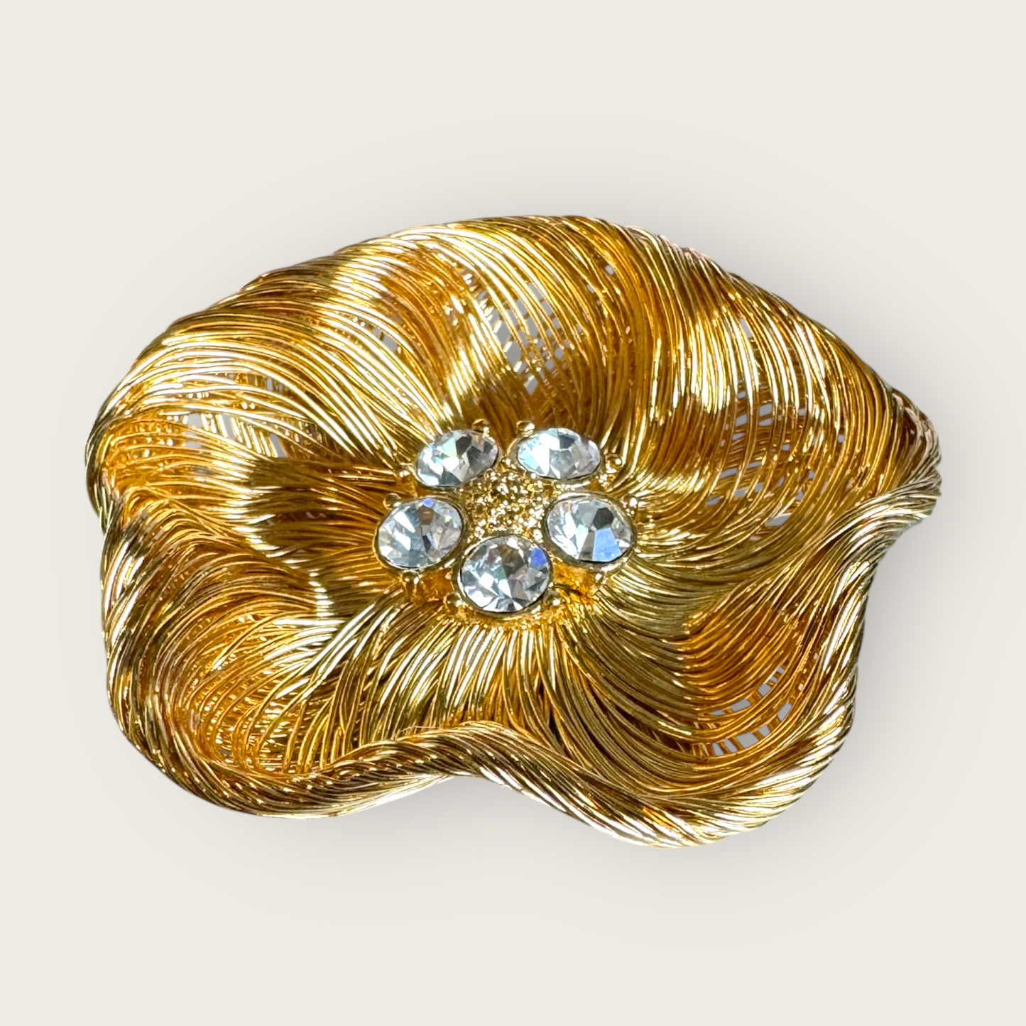 Vintage Monet Signed Gold Tone Wirework Flower Brooch with Rhinestone Center – 1960s Statement Jewelry