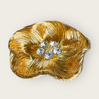 Vintage Monet Signed Gold Tone Wirework Flower Brooch with Rhinestone Center – 1960s Statement Jewelry