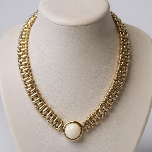 Vintage Monet Designer Gold Collar Necklace with Domed Cream Cabochon – Iconic 1980s Statement Jewelry