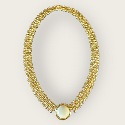 Vintage Monet Designer Gold Collar Necklace with Domed Cream Cabochon – Iconic 1980s Statement Jewelry