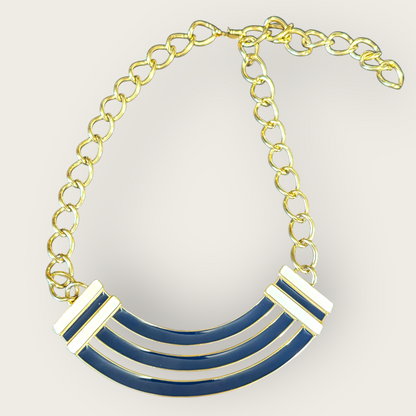 Signed Monet Navy Enamel and Gold-Tone Statement Collar Necklace, Adjustable to 20 Inches