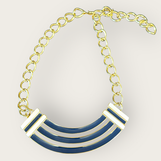 Signed Monet Navy Enamel and Gold-Tone Statement Collar Necklace, Adjustable to 20 Inches