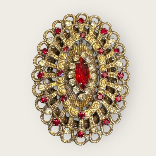 Vintage Hobé Red Rhinestone Gold Filigree Statement Brooch Pendant