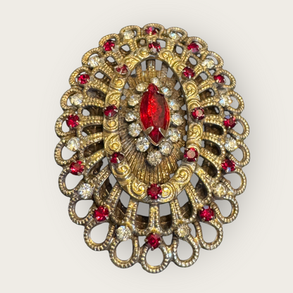 Vintage Hobé Red Rhinestone Gold Filigree Statement Brooch Pendant