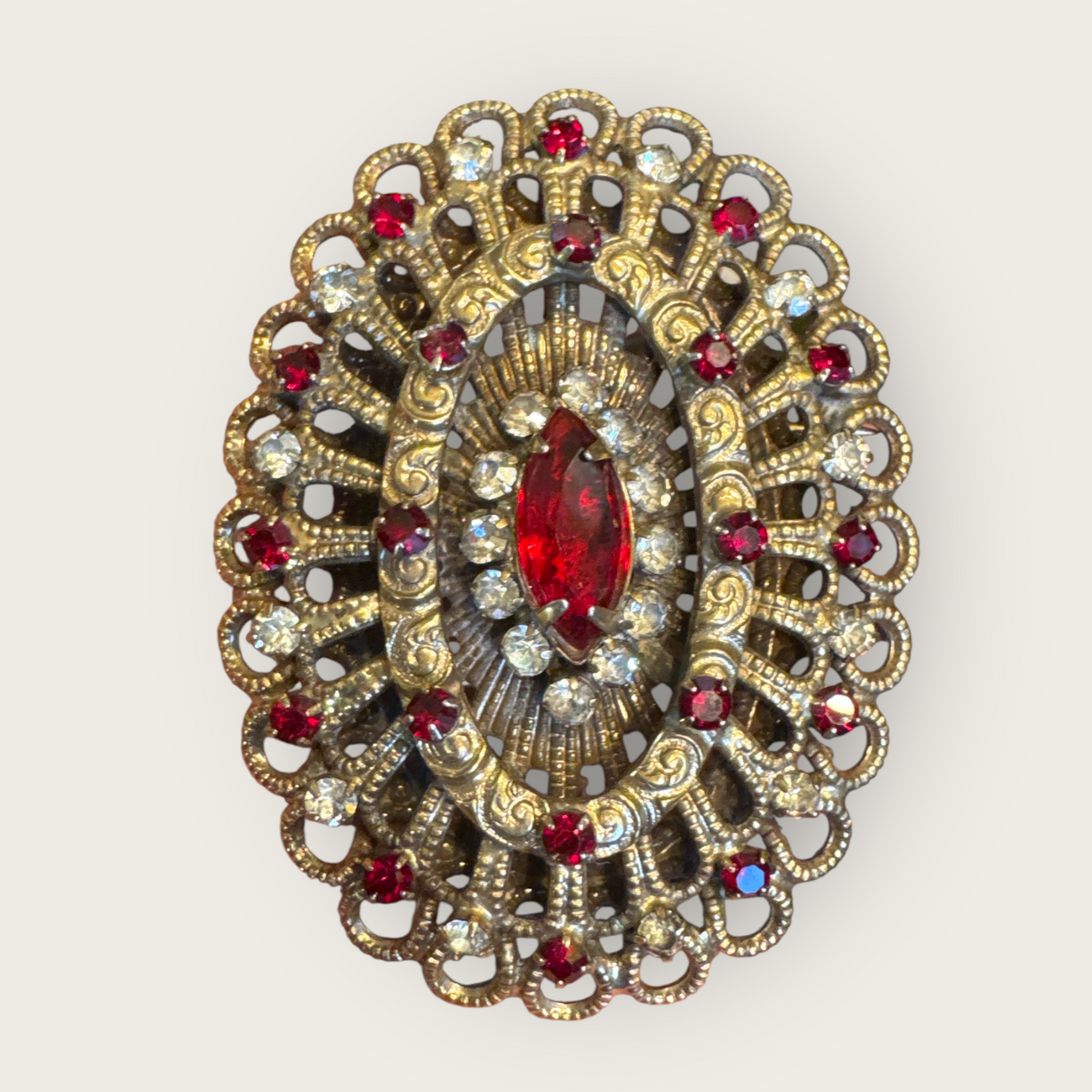 Vintage Hobé Red Rhinestone Gold Filigree Statement Brooch Pendant