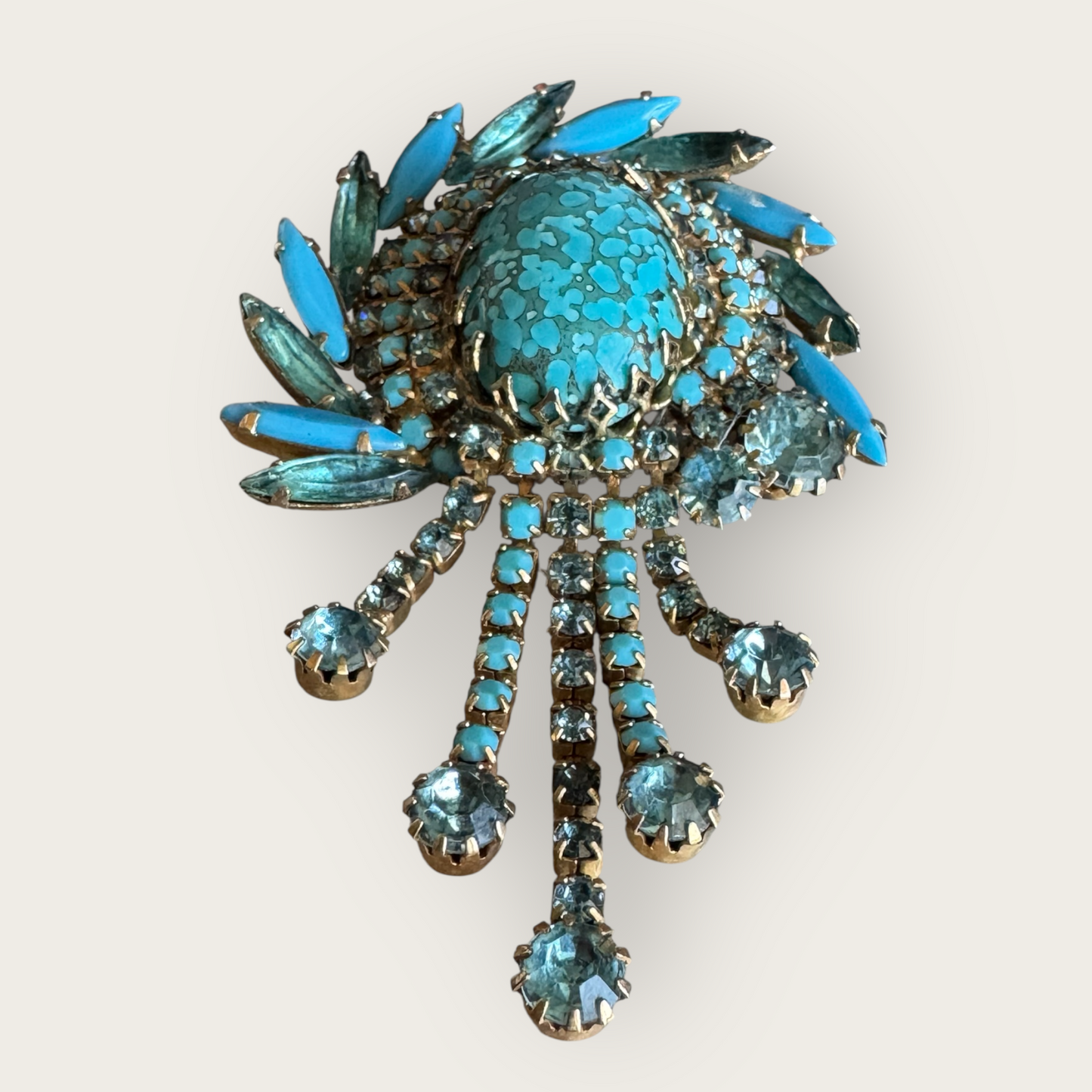 Vintage 1960s Turquoise Mosaic Glass Waterfall Brooch – Juliana Style Rhinestone Statement Pin