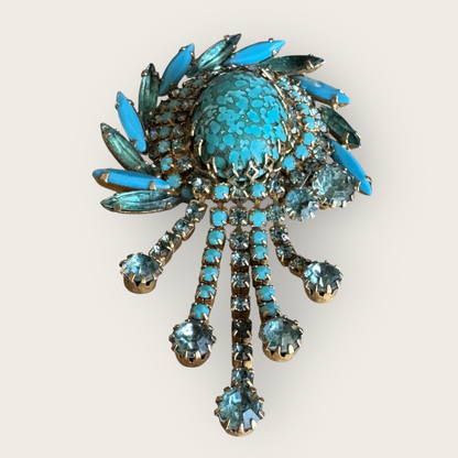 Vintage 1960s Turquoise Mosaic Glass Waterfall Brooch – Juliana Style Rhinestone Statement Pin