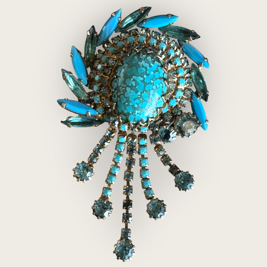 Vintage 1960s Turquoise Mosaic Glass Waterfall Brooch – Juliana Style Rhinestone Statement Pin