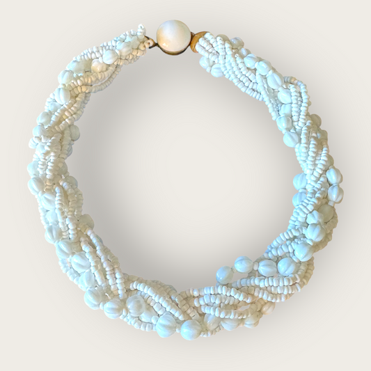 Vintage 1950s Made in Germany White Milk Glass Torsade Choker Necklace – Multi-Strand Braided Bead Statement Collar