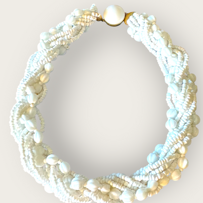 Vintage 1950s Made in Germany White Milk Glass Torsade Choker Necklace – Multi-Strand Braided Bead Statement Collar