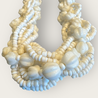 Vintage 1950s Made in Germany White Milk Glass Torsade Choker Necklace – Multi-Strand Braided Bead Statement Collar