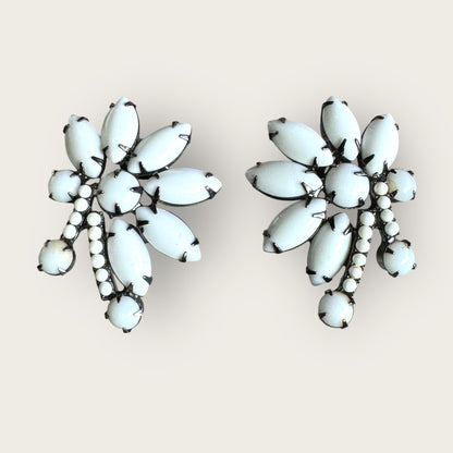 Vintage Milk Glass Clip-On Earrings – Mid Century Leaf Cluster in Gunmetal Setting, 1950s Statement Jewelry