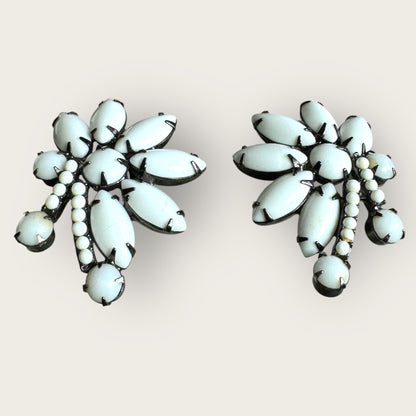 Vintage Milk Glass Clip-On Earrings – Mid Century Leaf Cluster in Gunmetal Setting, 1950s Statement Jewelry