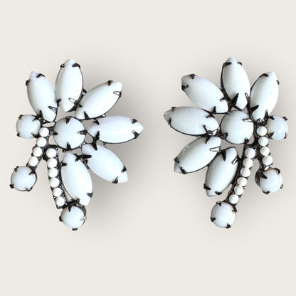 Vintage Milk Glass Clip-On Earrings – Mid Century Leaf Cluster in Gunmetal Setting, 1950s Statement Jewelry