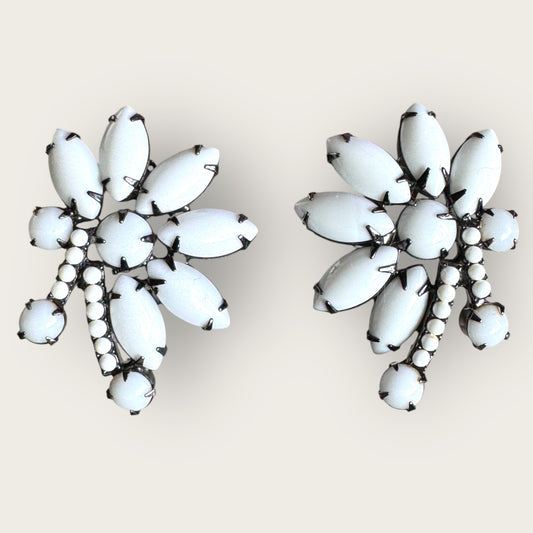 Vintage Milk Glass Clip-On Earrings – Mid Century Leaf Cluster in Gunmetal Setting, 1950s Statement Jewelry