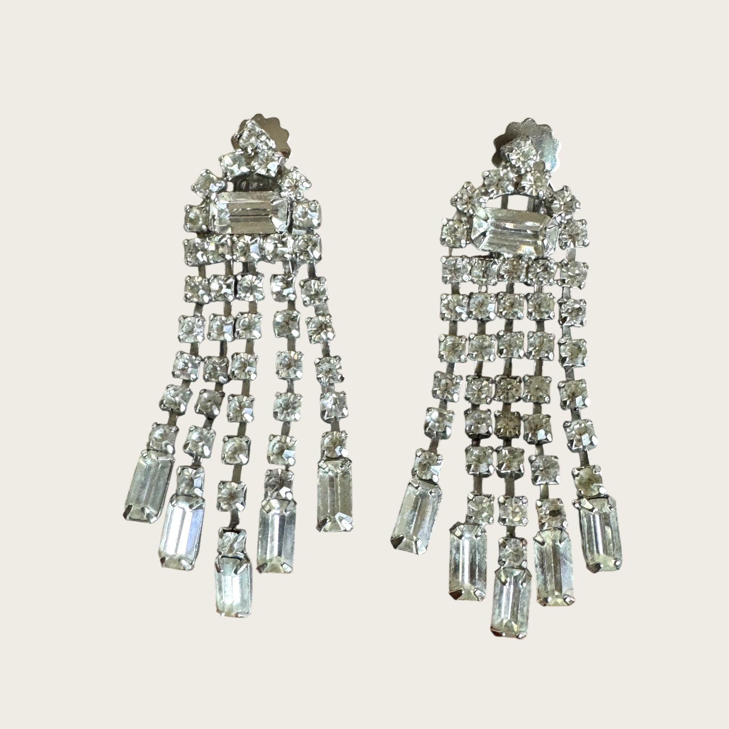 Vintage Riveted Florette Clip-On Earrings with Rhinestone Chain Dangles & Baguette Finishes – 1950s Mid Century Glamour