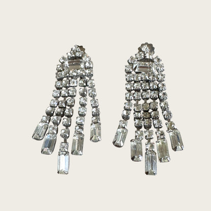 Vintage Riveted Florette Clip-On Earrings with Rhinestone Chain Dangles & Baguette Finishes – 1950s Mid Century Glamour