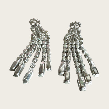 Vintage Riveted Florette Clip-On Earrings with Rhinestone Chain Dangles & Baguette Finishes – 1950s Mid Century Glamour