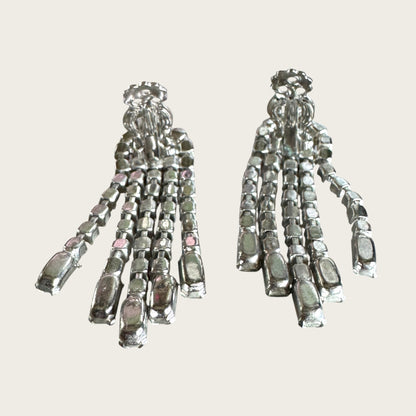 Vintage Riveted Florette Clip-On Earrings with Rhinestone Chain Dangles & Baguette Finishes – 1950s Mid Century Glamour