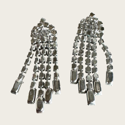 Vintage Riveted Florette Clip-On Earrings with Rhinestone Chain Dangles & Baguette Finishes – 1950s Mid Century Glamour