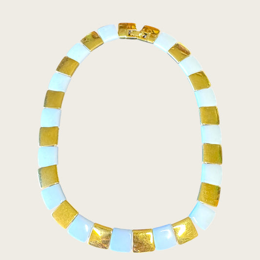 Signed Monet Articulated Choker Necklace – White Lucite & Gold-Tone Links – Small Fit Statement Collar