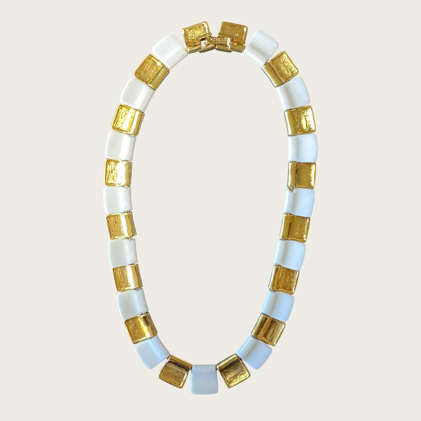 Signed Monet Articulated Choker Necklace – White Lucite & Gold-Tone Links – Small Fit Statement Collar