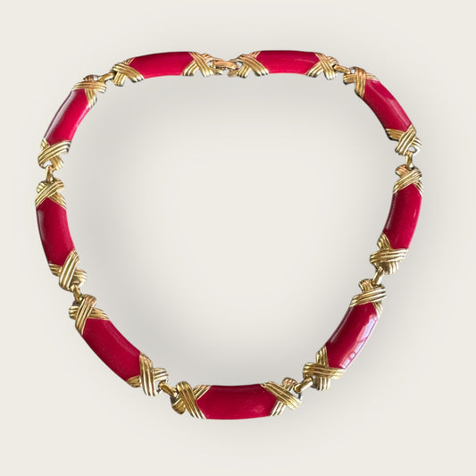 Vintage Red Enamel & Gold X Link Choker – Articulated Statement Necklace