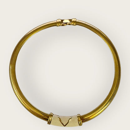 Vintage Monet Chunky Omega Gold Collar Necklace with Enamel V Accent – Signed Statement Piece