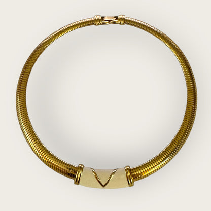 Vintage Monet Chunky Omega Gold Collar Necklace with Enamel V Accent – Signed Statement Piece