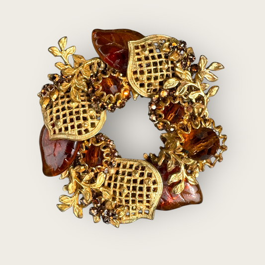 Rare Miriam Haskell Amber Glass & Gilt Filigree Leaf Brooch – 1950s Signed Vintage Wreath Statement Pin
