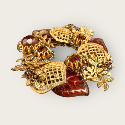 Rare Miriam Haskell Amber Glass & Gilt Filigree Leaf Brooch – 1950s Signed Vintage Wreath Statement Pin