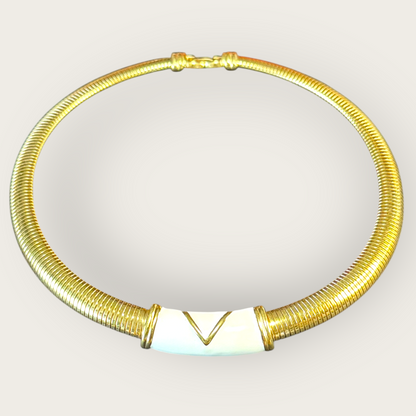 Vintage Monet Chunky Omega Gold Collar Necklace with Enamel V Accent – Signed Statement Piece
