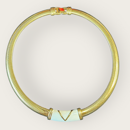 Vintage Monet Chunky Omega Gold Collar Necklace with Enamel V Accent – Signed Statement Piece