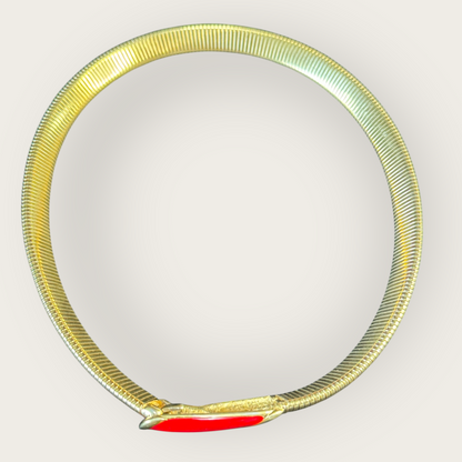 Vintage Gold Omega Collar Necklace with Red Enamel Teardrop Accent – Sculptural Modernist Design