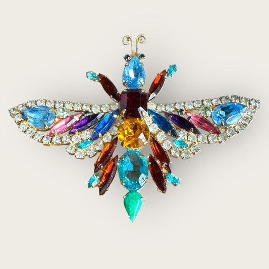 Rare Signed Albert Vintage Butterfly Brooch – Multicolor Prong-Set Rhinestone Insect Pin – Statement Collector’s Piece