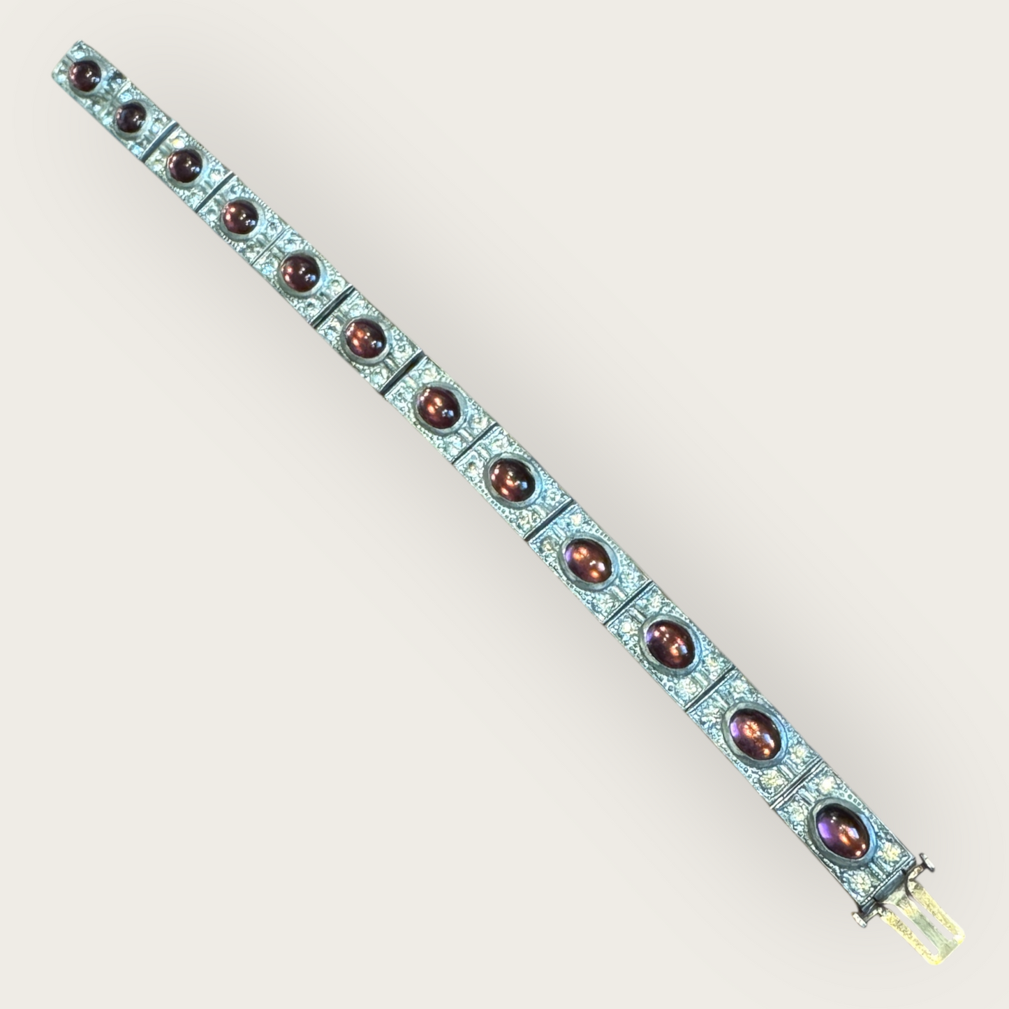 Authentic Art Deco Czech Amethyst Glass Panel Bracelet – 12-Link Hinged Silver-Tone Vintage Statement – 6.5 Inch Antique Jewelry