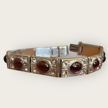 Authentic Art Deco Czech Amethyst Glass Panel Bracelet – 12-Link Hinged Silver-Tone Vintage Statement – 6.5 Inch Antique Jewelry