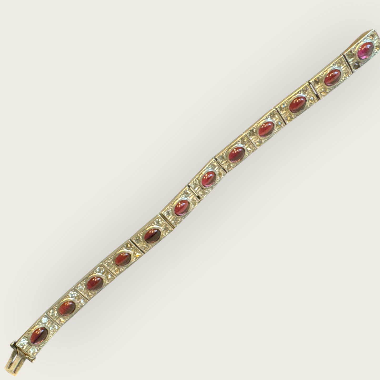 Authentic Art Deco Czech Amethyst Glass Panel Bracelet – 12-Link Hinged Silver-Tone Vintage Statement – 6.5 Inch Antique Jewelry