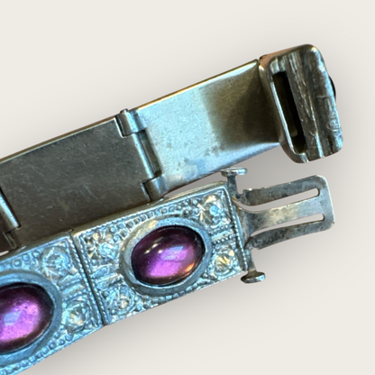 Authentic Art Deco Czech Amethyst Glass Panel Bracelet – 12-Link Hinged Silver-Tone Vintage Statement – 6.5 Inch Antique Jewelry