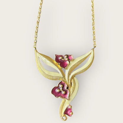 Vintage Signed Monet Floral Enamel Necklace – Gold-Tone Abstract Lily Design with Deep Magenta Accents