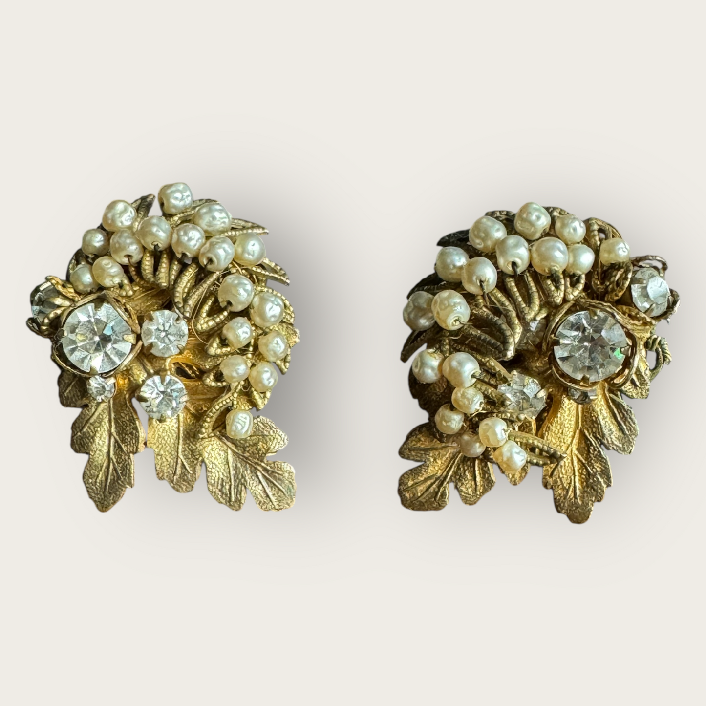 Rare Signed DiMario Vintage Clip-On Earrings – Hand-Wired Rhinestones & Faux Pearls (As-Is, 1950s)