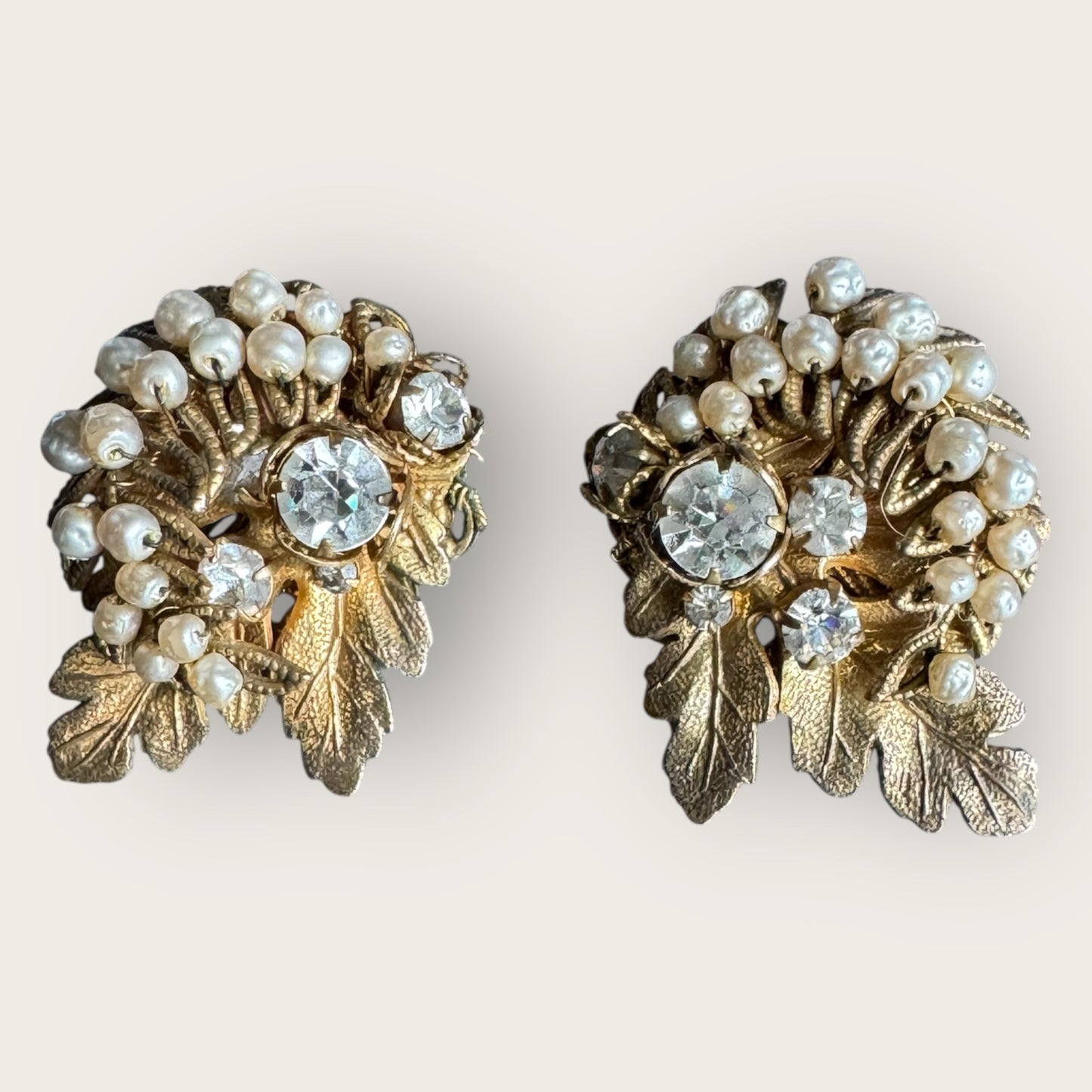 Rare Signed DiMario Vintage Clip-On Earrings – Hand-Wired Rhinestones & Faux Pearls (As-Is, 1950s)