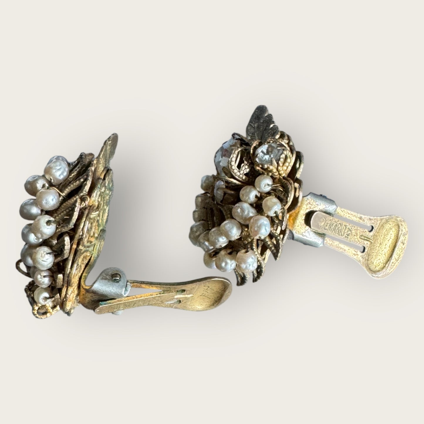 Rare Signed DiMario Vintage Clip-On Earrings – Hand-Wired Rhinestones & Faux Pearls (As-Is, 1950s)