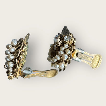 Rare Signed DiMario Vintage Clip-On Earrings – Hand-Wired Rhinestones & Faux Pearls (As-Is, 1950s)